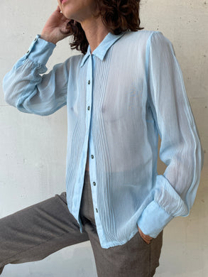 1990s Baby Blue Sheer Blouse w/ White Topstitching