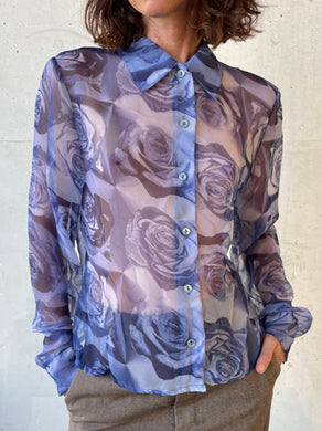 1990s Blue Rose 3D Photo Print Sheer Long Sleeve Button Up Blouse