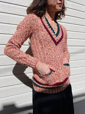 1970s French Boucle Knit V-Neck Pullover Sweater