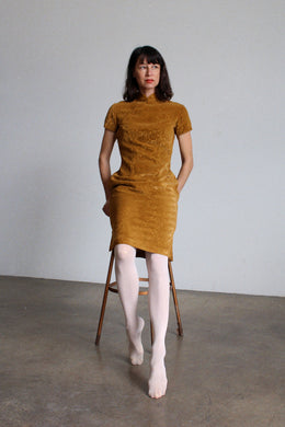1960s Abstract Silk Velvet Burnout Caramel Cheongsam Qipao Dress