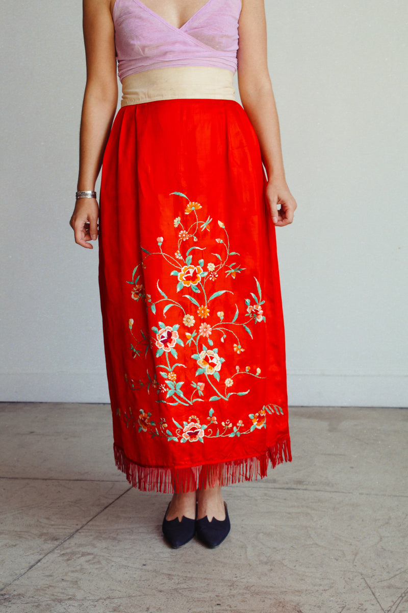 Antique Chinese Red Silk Embroidered Robe Skirt 3 Women