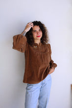 Load image into Gallery viewer, 1960s Brown Corduroy Embroidered Smock Blouse w/ Puff Sleeves