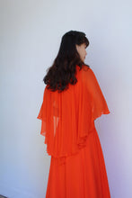 Load image into Gallery viewer, 1970s Orange Silk Chiffon Capelet Maxi Dress
