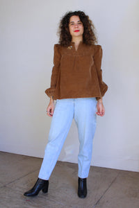 1960s Brown Corduroy Embroidered Smock Blouse w/ Puff Sleeves