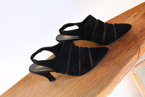 1980s Black Suede & Mesh Pointed Sling Back Heels - Size 8
