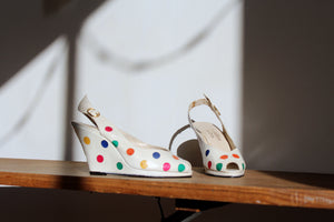 1980s does 1940s White Leather Polka Dot Sling Back Wedges - Size 5.5