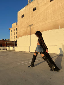1980s Zodiac Thigh High Black Leather Cowgirl Boots - Size 8.5