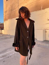 Load image into Gallery viewer, 1920s Brown Wool Silk Embroidered Arts &amp; Crafts Belted Coat w/ Rabbit Fur Trim