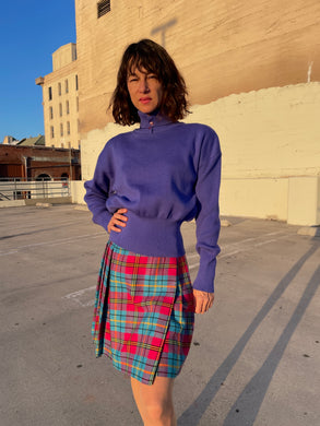 1990s Pink + Turquoise Plaid Pleated Mini Skirt