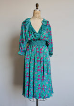 Load image into Gallery viewer, 1980s Diane Freis Floral Turquoise Smocked Ruffle Dress