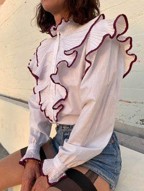1980s White + Burgundy Crisp Cotton Pleated Ruffle Blouse