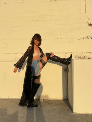 1980s Zodiac Thigh High Black Leather Cowgirl Boots - Size 8.5