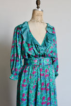 Load image into Gallery viewer, 1980s Diane Freis Floral Turquoise Smocked Ruffle Dress