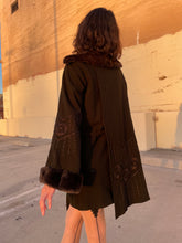 Load image into Gallery viewer, 1920s Brown Wool Silk Embroidered Arts &amp; Crafts Belted Coat w/ Rabbit Fur Trim