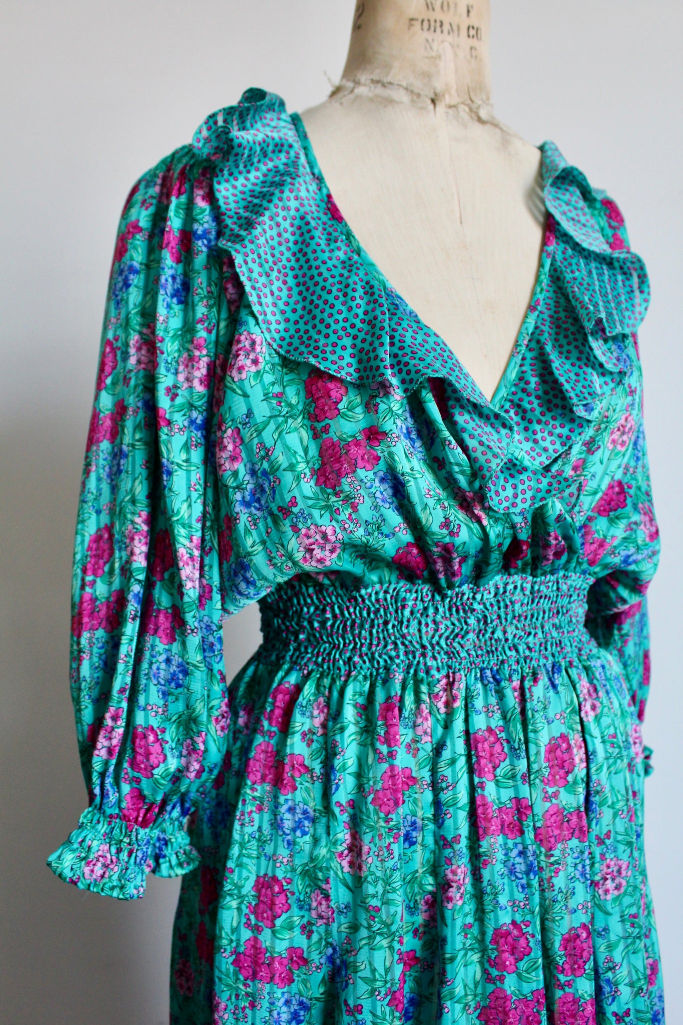 diane freis vintage dresses 1980s Diane Freis Floral Turquoise Smocked Ruffle Dress – 3 Women