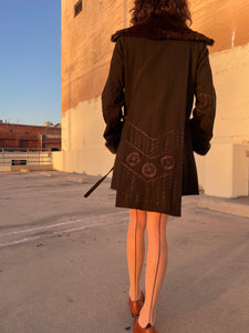 1920s Brown Wool Silk Embroidered Arts & Crafts Belted Coat w/ Rabbit Fur Trim