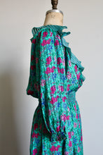 Load image into Gallery viewer, 1980s Diane Freis Floral Turquoise Smocked Ruffle Dress