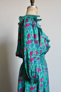 1980s Diane Freis Floral Turquoise Smocked Ruffle Dress