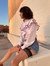Load image into Gallery viewer, 1980s White + Burgundy Crisp Cotton Pleated Ruffle Blouse
