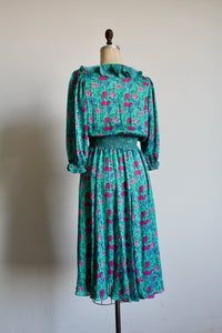 1980s Diane Freis Floral Turquoise Smocked Ruffle Dress
