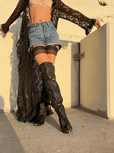 1980s Zodiac Thigh High Black Leather Cowgirl Boots - Size 8.5