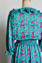 Load image into Gallery viewer, 1980s Diane Freis Floral Turquoise Smocked Ruffle Dress