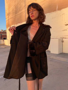 1920s Brown Wool Silk Embroidered Arts & Crafts Belted Coat w/ Rabbit Fur Trim