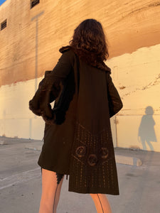 1920s Brown Wool Silk Embroidered Arts & Crafts Belted Coat w/ Rabbit Fur Trim