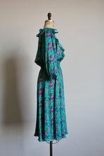 Load image into Gallery viewer, 1980s Diane Freis Floral Turquoise Smocked Ruffle Dress