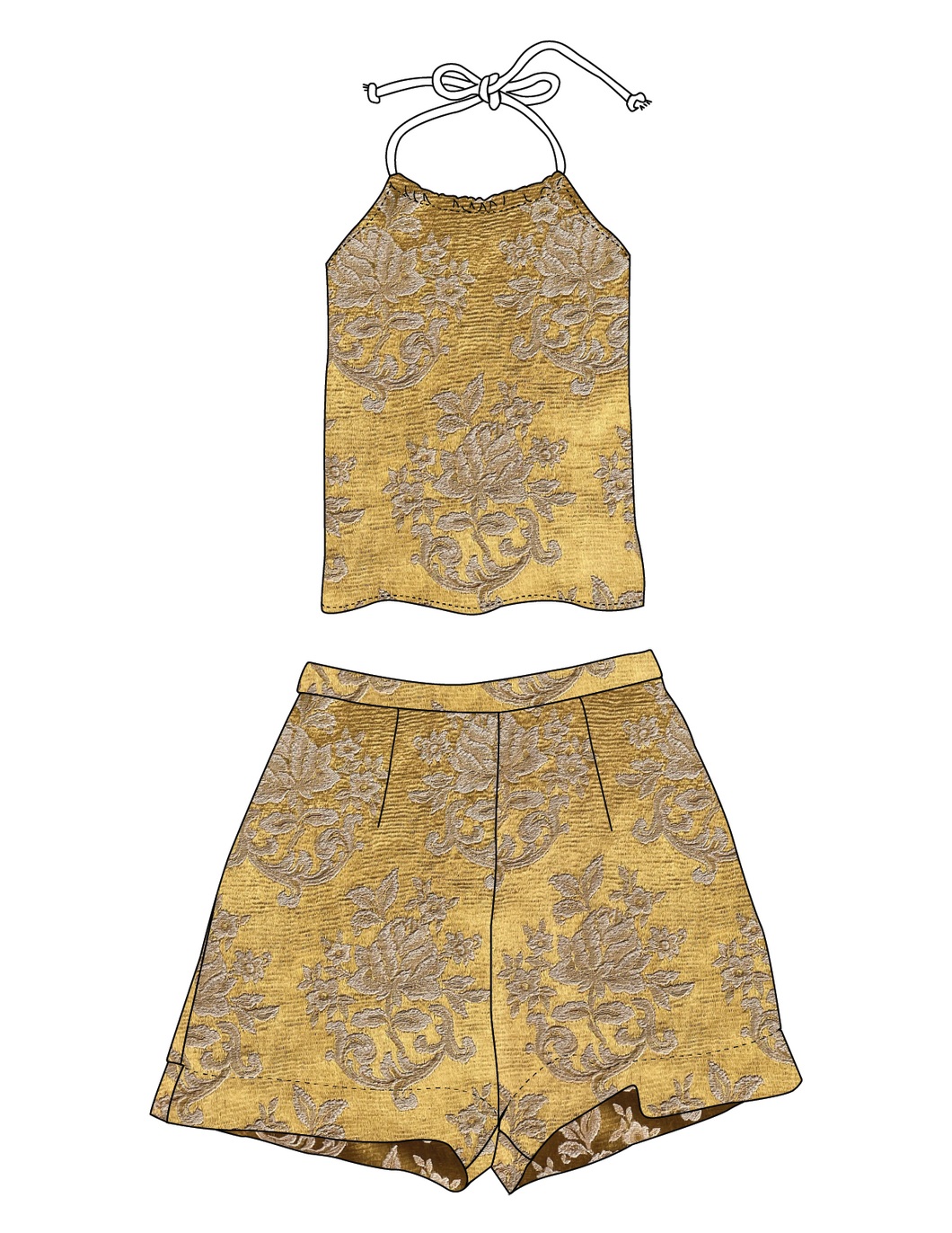 Gold Rose Silk Halter Top + Shorts Set