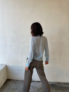 1990s Baby Blue Sheer Blouse w/ White Topstitching