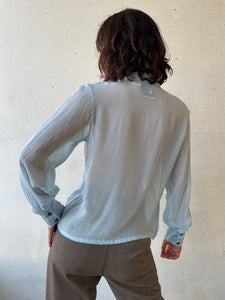 1990s Baby Blue Sheer Blouse w/ White Topstitching
