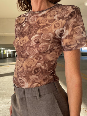 1990s Brown Sheer Rose Photo Print Short Sleeve Blouse
