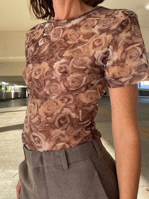 1990s Brown Sheer Rose Photo Print Short Sleeve Blouse