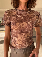 Load image into Gallery viewer, 1990s Brown Sheer Rose Photo Print Short Sleeve Blouse