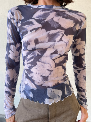 1990s Indigo Blue Sheer Floral Print Long Sleeve Blouse