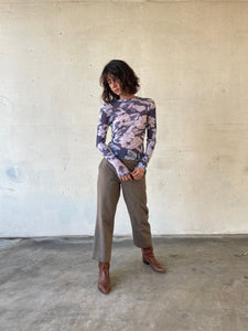 1990s Indigo Blue Sheer Floral Print Long Sleeve Blouse