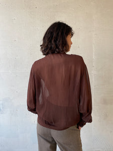 1990s Brown Sheer Blouse w/ White Topstitching
