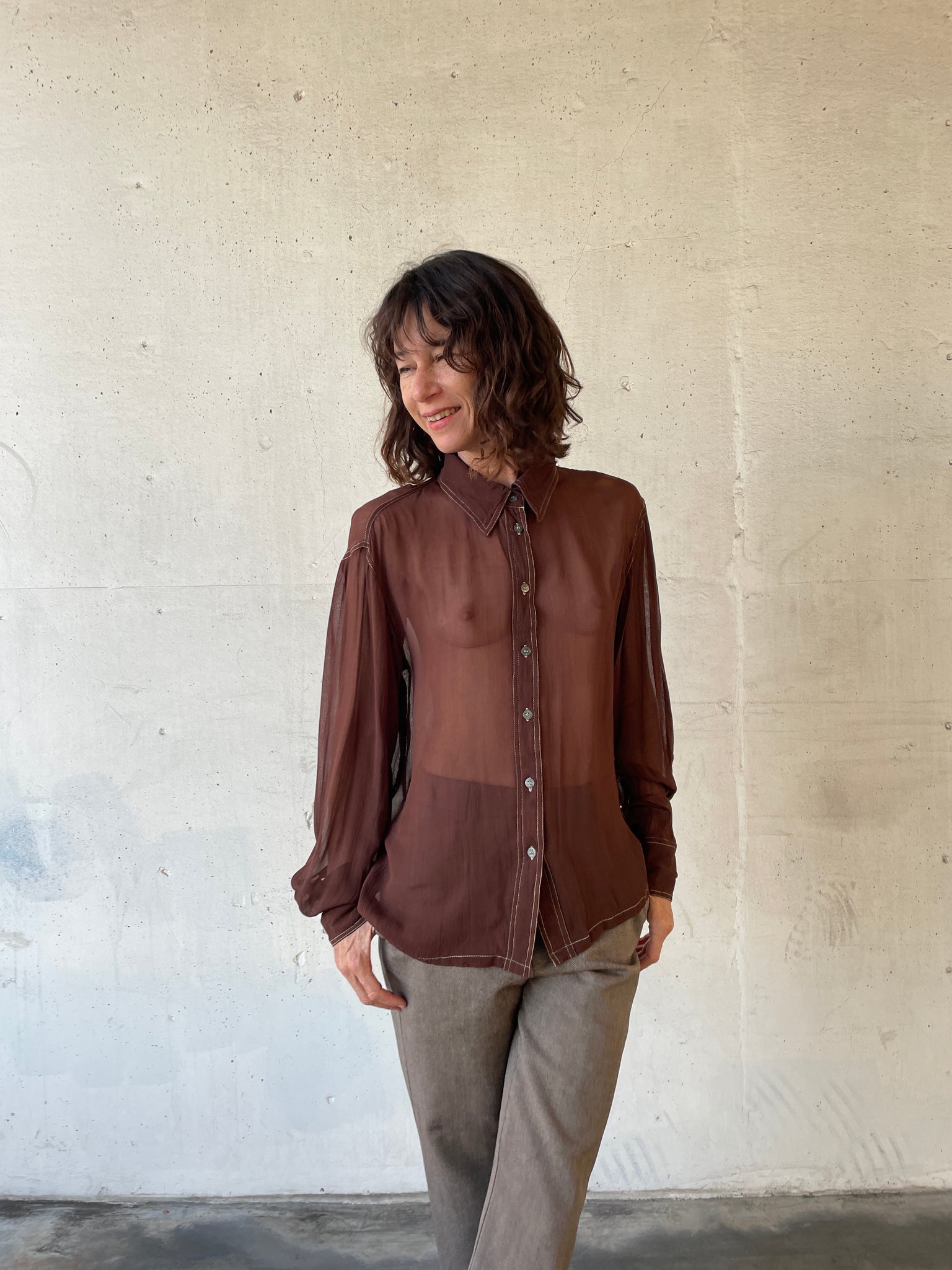 1990s Brown Sheer Blouse w/ White Topstitching 3 Women 1990s Brown Sheer Blouse w/ White Topstitching 3 Women