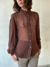 Load image into Gallery viewer, 1990s Brown Sheer Blouse w/ White Topstitching