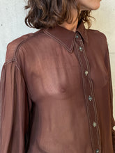 Load image into Gallery viewer, 1990s Brown Sheer Blouse w/ White Topstitching