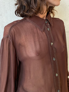 1990s Brown Sheer Blouse w/ White Topstitching