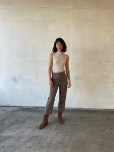 1990s Oatmeal Floral Lace Mock Turtleneck Sleeveless Blouse