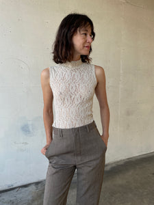 1990s Oatmeal Floral Lace Mock Turtleneck Sleeveless Blouse