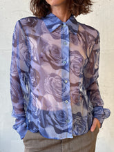 Load image into Gallery viewer, 1990s Blue Rose 3D Photo Print Sheer Long Sleeve Button Up Blouse