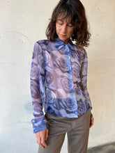 Load image into Gallery viewer, 1990s Blue Rose 3D Photo Print Sheer Long Sleeve Button Up Blouse
