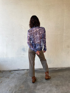 1990s Blue Rose 3D Photo Print Sheer Long Sleeve Button Up Blouse