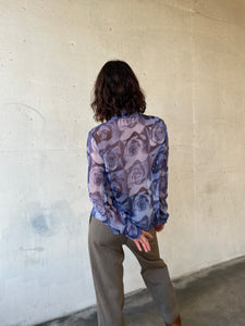 1990s Blue Rose 3D Photo Print Sheer Long Sleeve Button Up Blouse