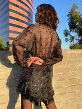 Load image into Gallery viewer, 1990s Black Sheer Polka Dot Embossed Long Button Up Blouse