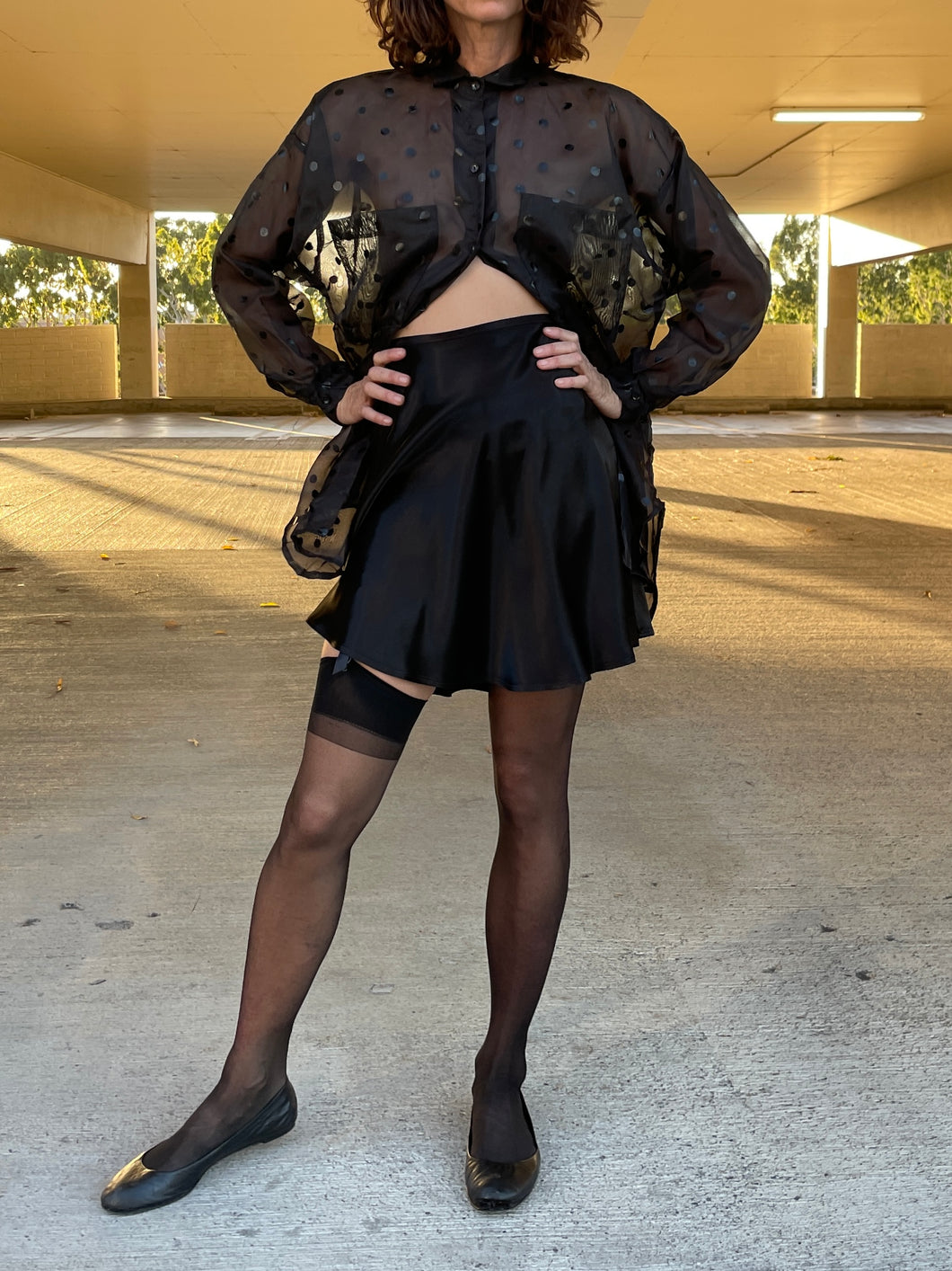 1990s Black Sheer Polka Dot Embossed Long Button Up Blouse